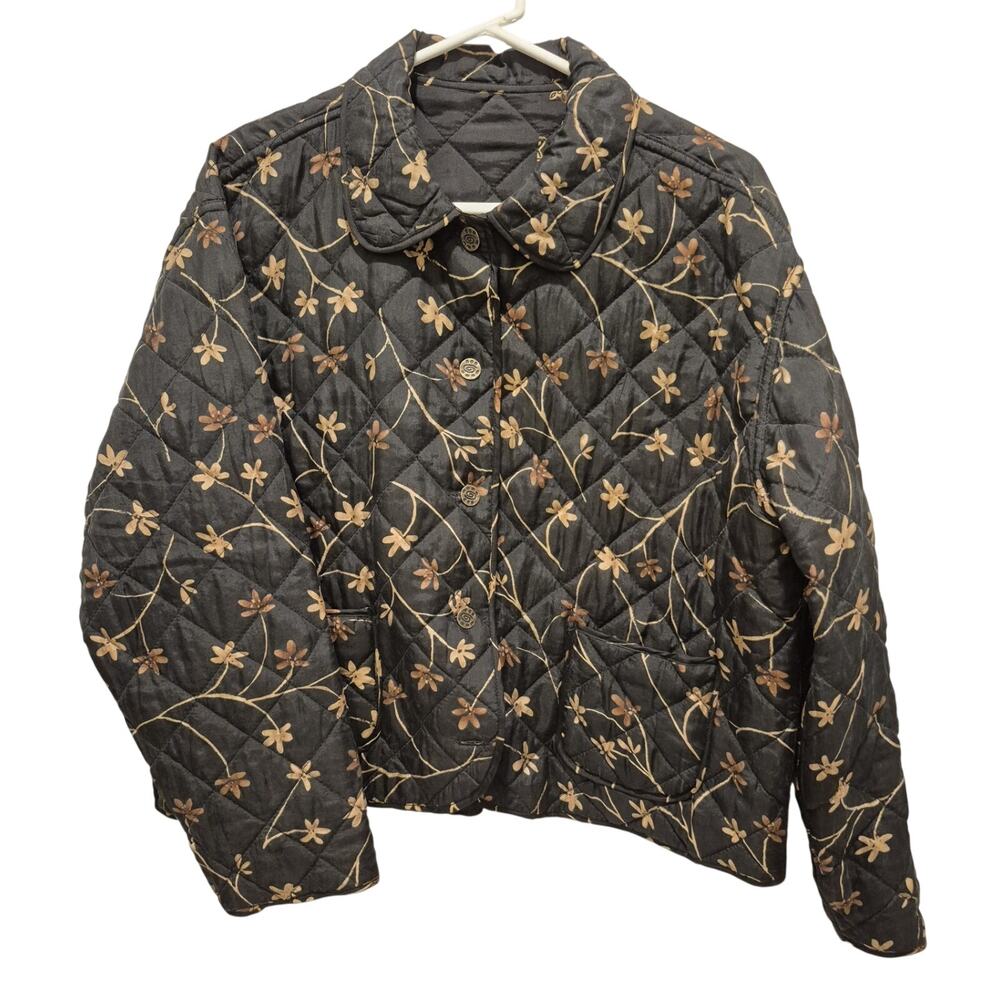 Vintage Black Cream Floral Reversible Silk Jacket Women Large